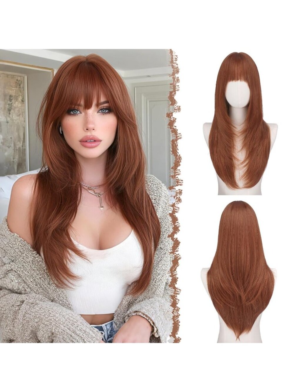 24 Inch Women's Copper Red Synthetic Long Straight Sleek Layered Wig with Bangs
